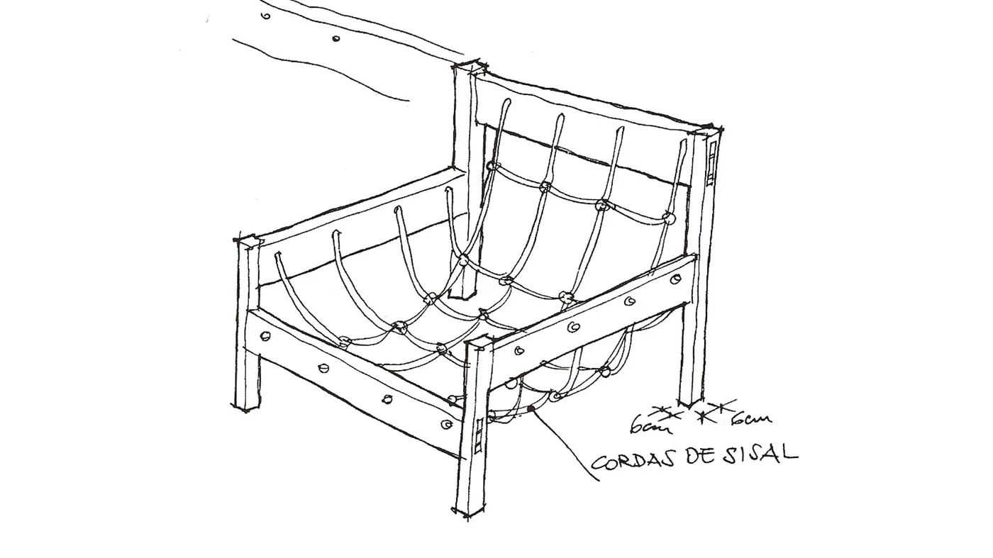 Croqui à mão de uma poltrona de madeira com cordas de sisal