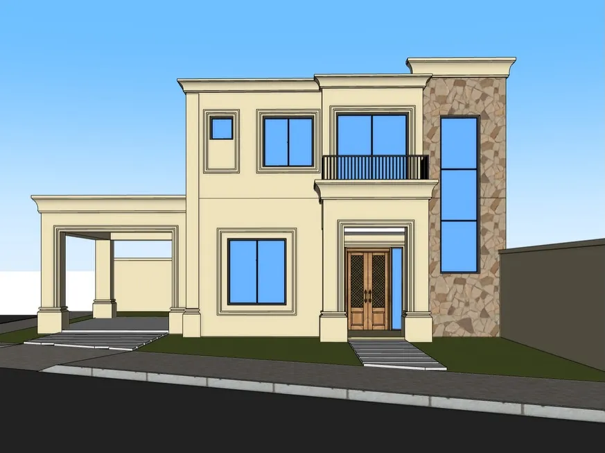 Print do SketchUp de uma casa neoclássica com pedra e varanda
