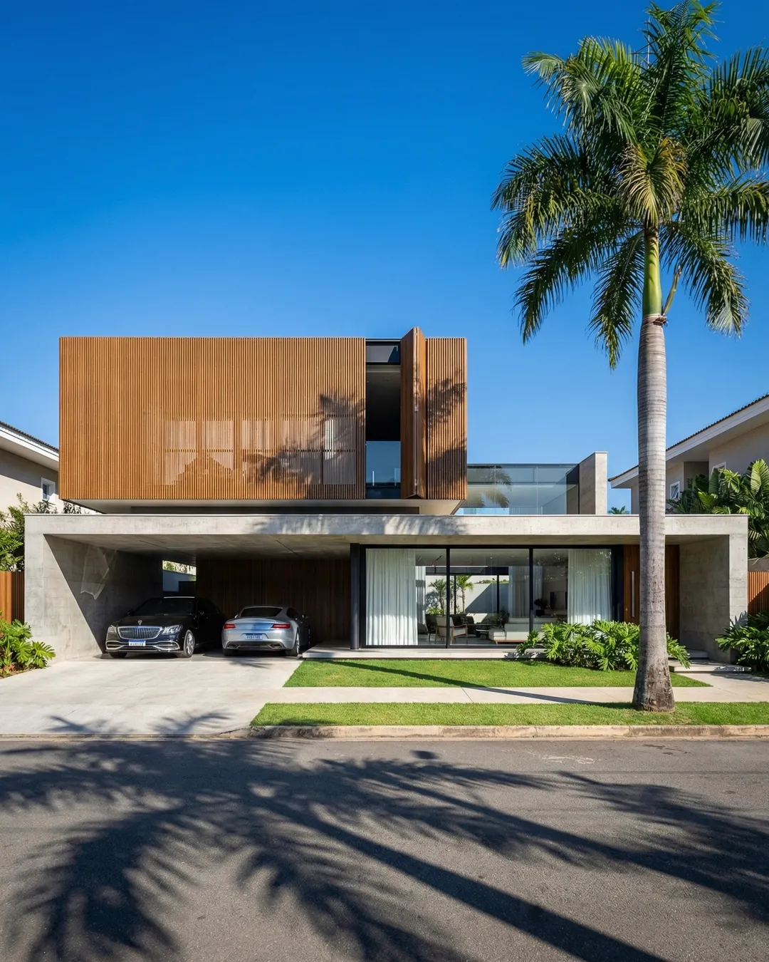 Render com IA de casa com fachada em ripado de madeira