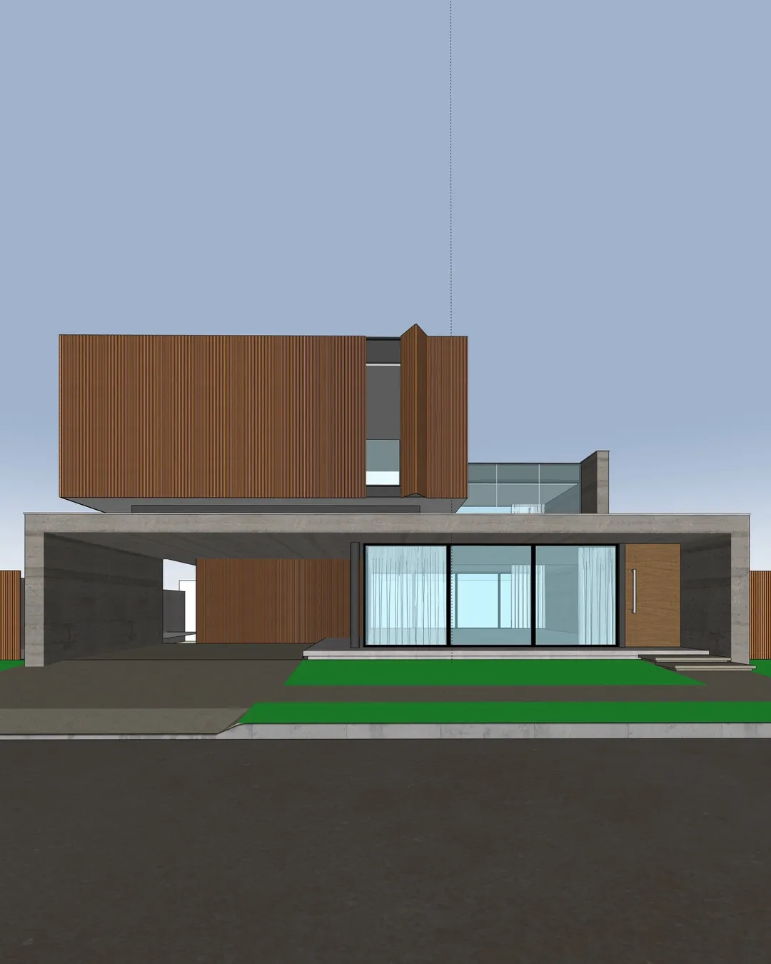 Print da viewport do SketchUp de uma casa com fachada em ripado de madeira