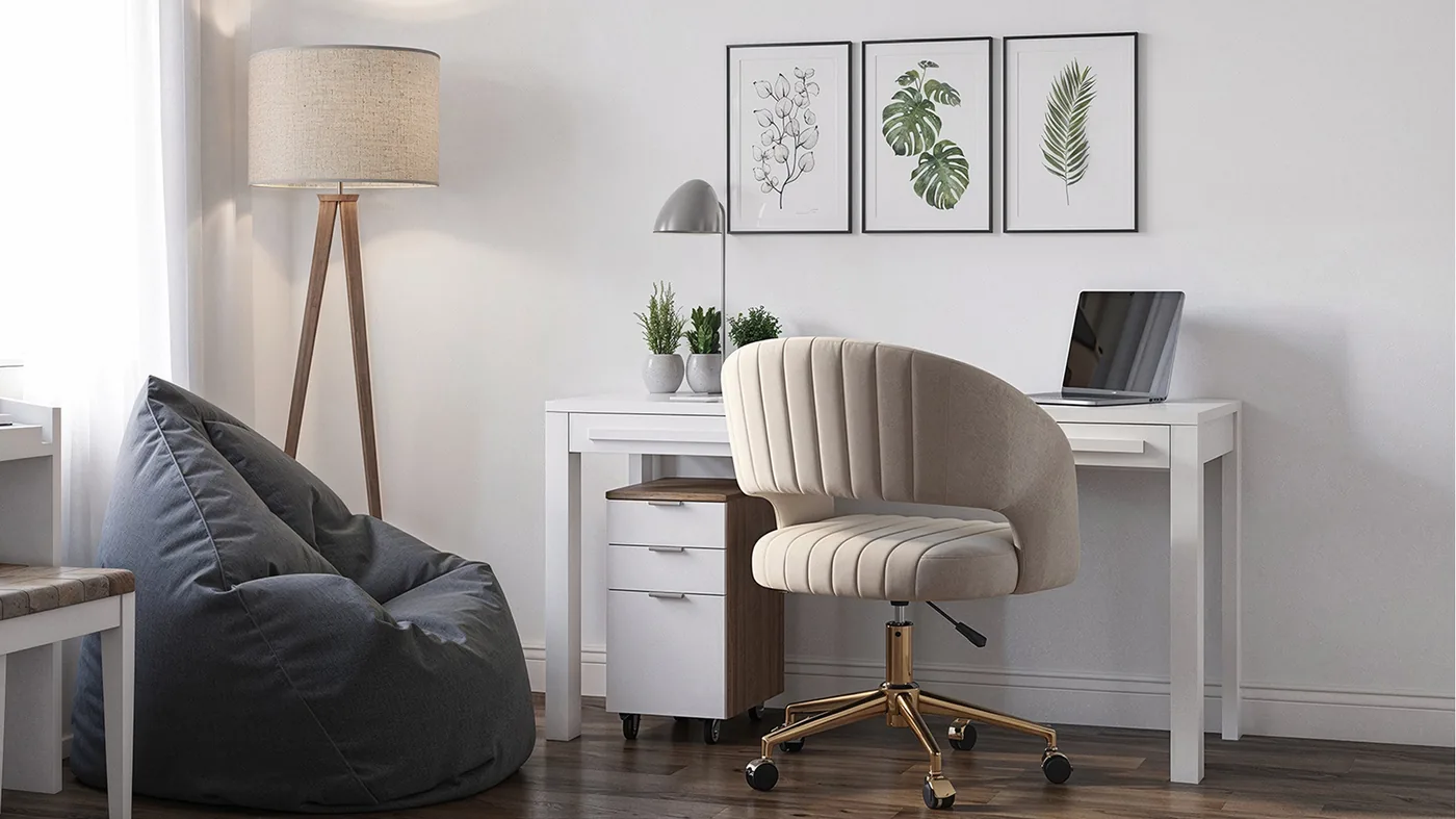 Mesmo render de home office nítido depois do upscale com IA